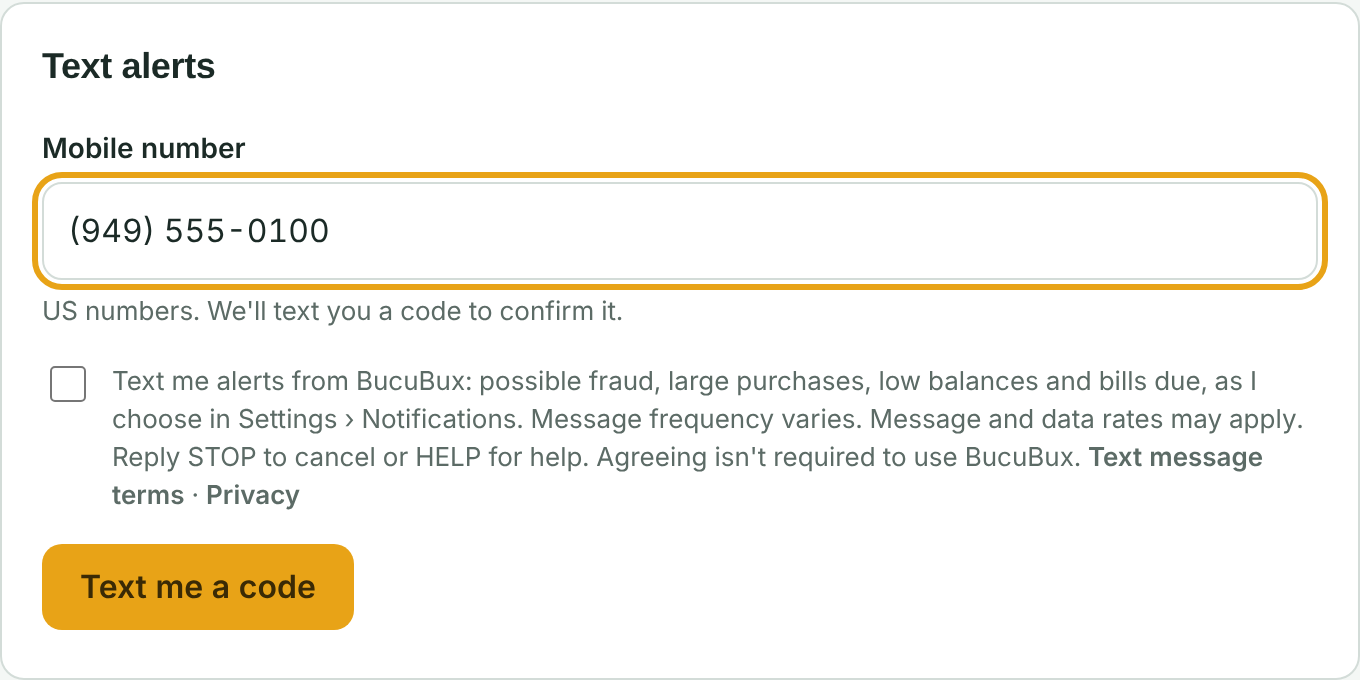The Text alerts form in Profile: a mobile number field, an unchecked consent checkbox with the wording below, and a Text me a code button.